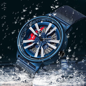 Men's watch with leather strap and rotating wheel dial