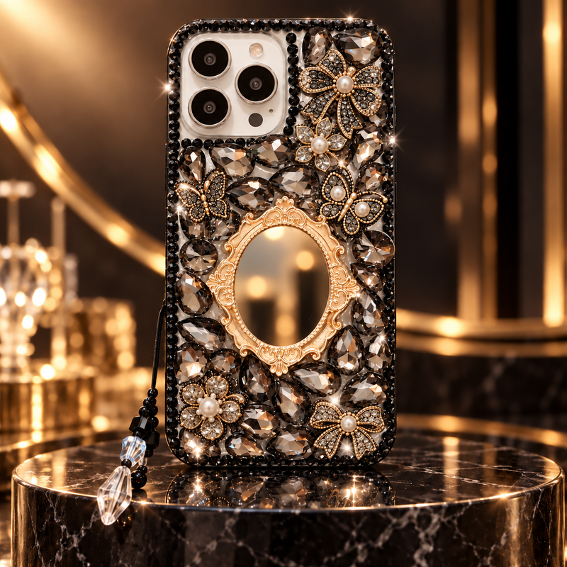 Crystal embellished phone case in black mirror-back style, luxury product view