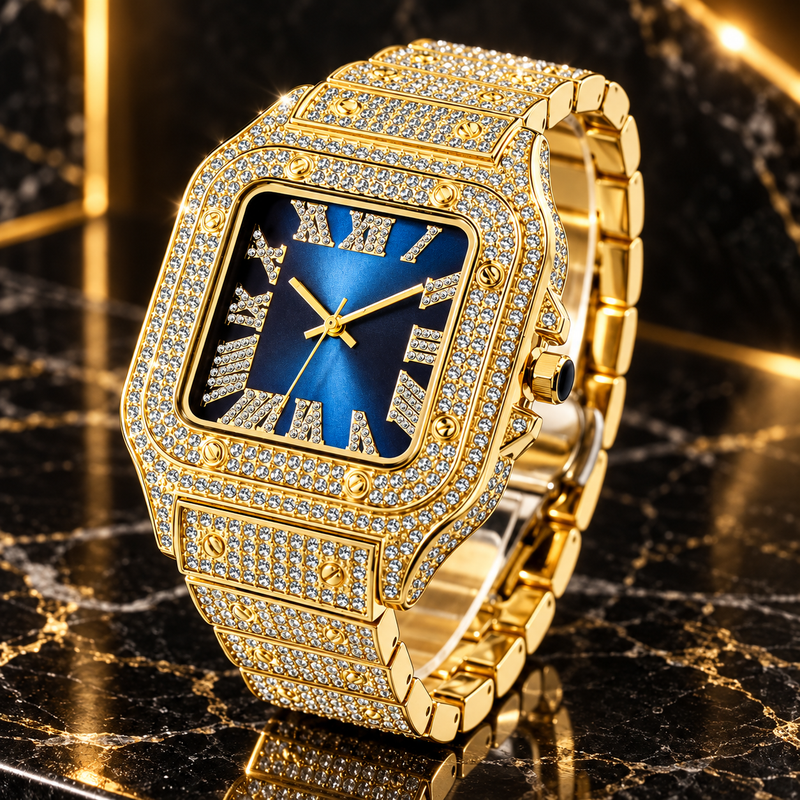 Pave crystal square watch, gold finish with blue dial