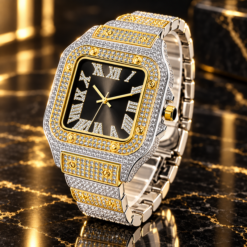 Pave crystal square watch, two-tone gold finish with black dial