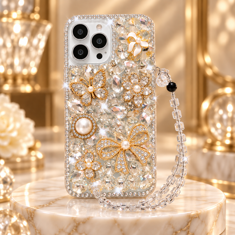 Crystal embellished phone case in white bow style, luxury product view