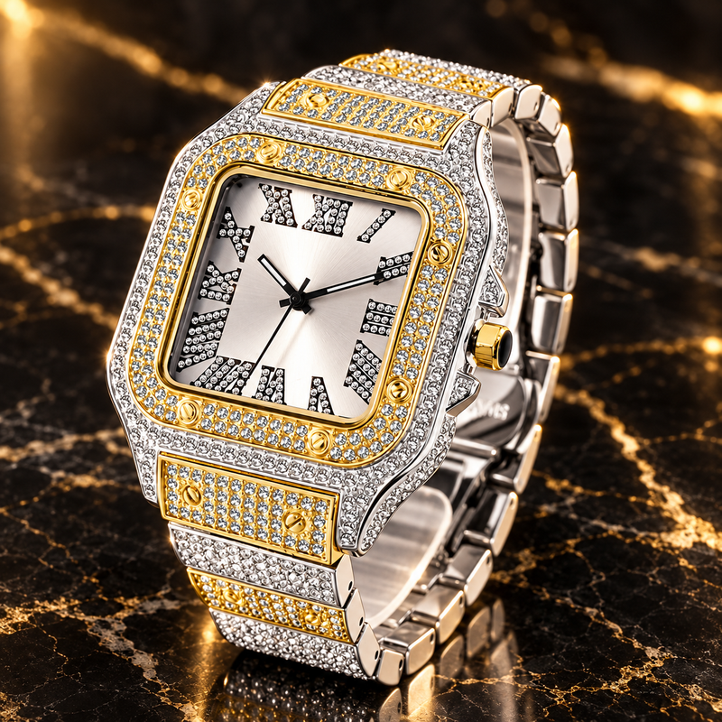 Pave crystal square watch, two-tone gold finish with white dial