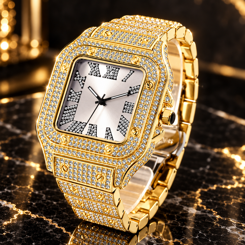 Pave crystal square watch, gold finish with white dial