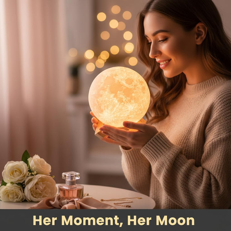 Moon Lamp 3D Night Light - Valentine Gifts for Women, Mom & Kids, 5.9' Table Decor W/Wooden Base, Proposal Decororation W/Touch-Dimmable & USB Rechargeable, Dual-Color White/Warm Yellow