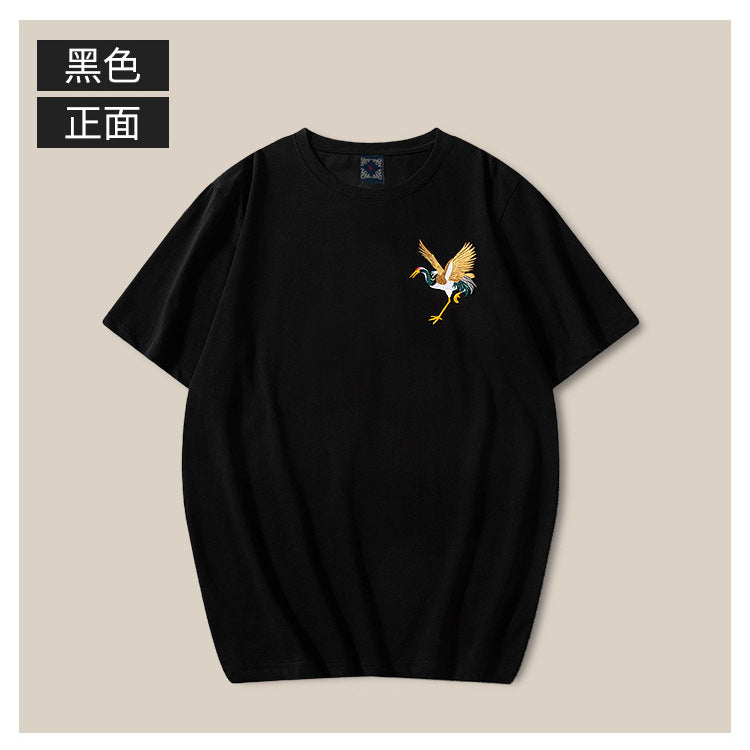 Chinese Style Crane Embroidery T-Shirt – Loose Fit Cotton Tee for Men, M-4XL