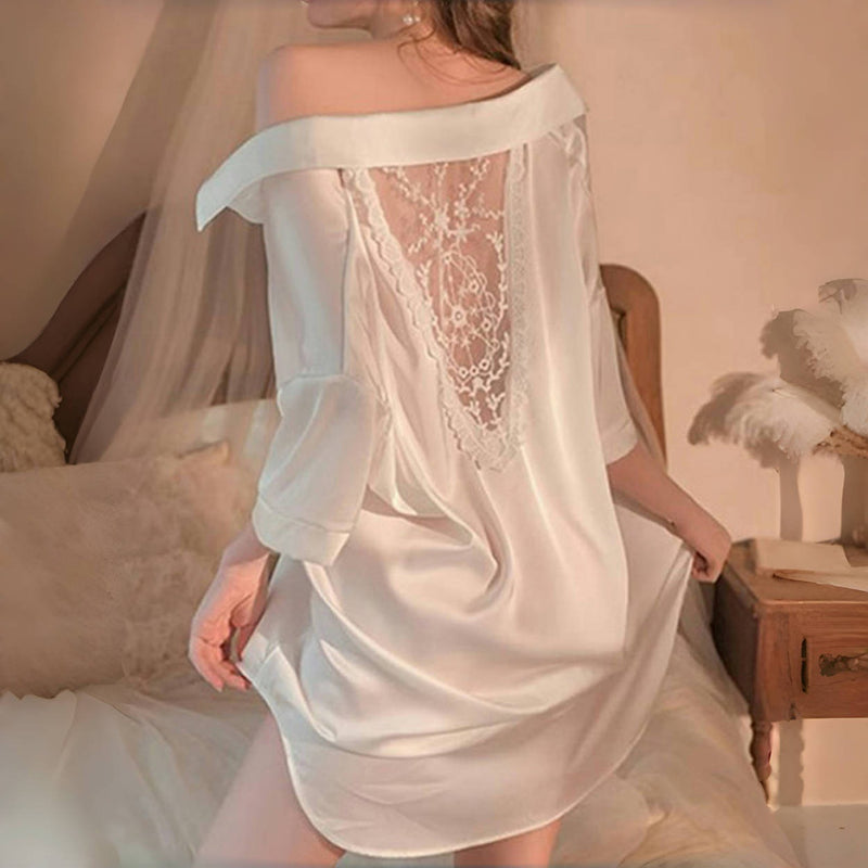 Ice Silk Lace-Back Nightgown – Sexy Sling Sleepwear for Women, Wearable Outside