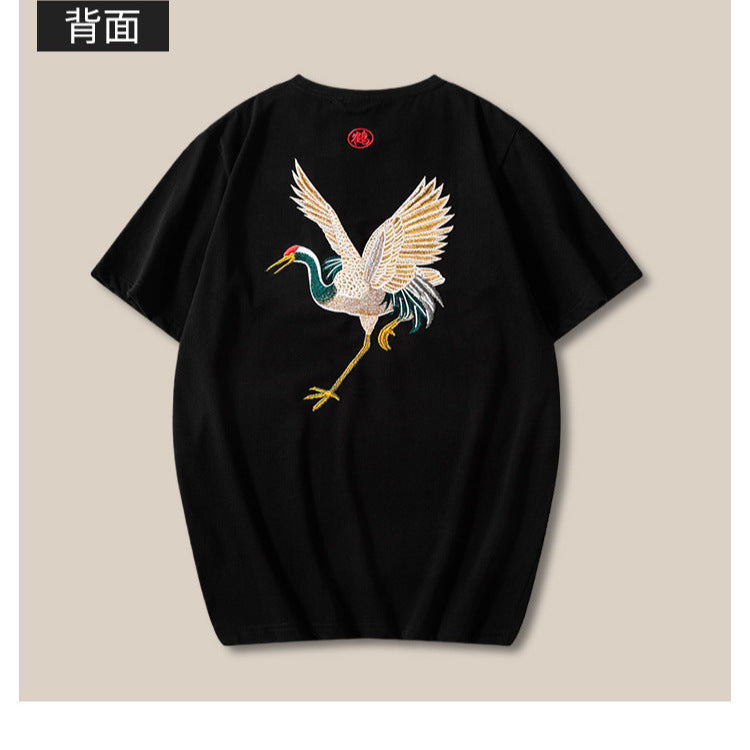 Chinese Style Crane Embroidery T-Shirt – Loose Fit Cotton Tee for Men, M-4XL