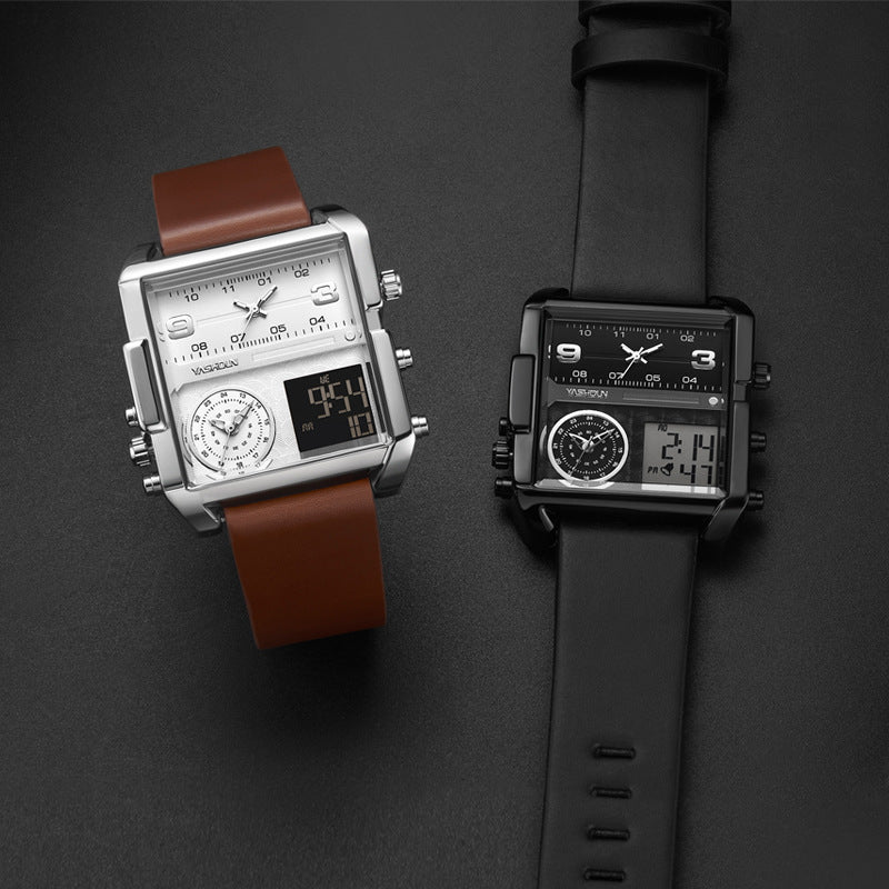 Men's Dual Display Sports Watch – Genuine Leather Strap, Luminous, 30M Waterproof