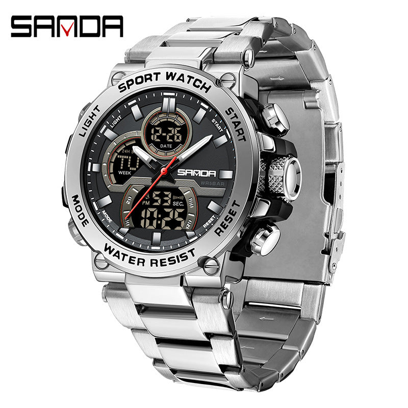 Men's Dual Display Watch – Steel Band Luminous Waterproof Business Sport Wristwatch