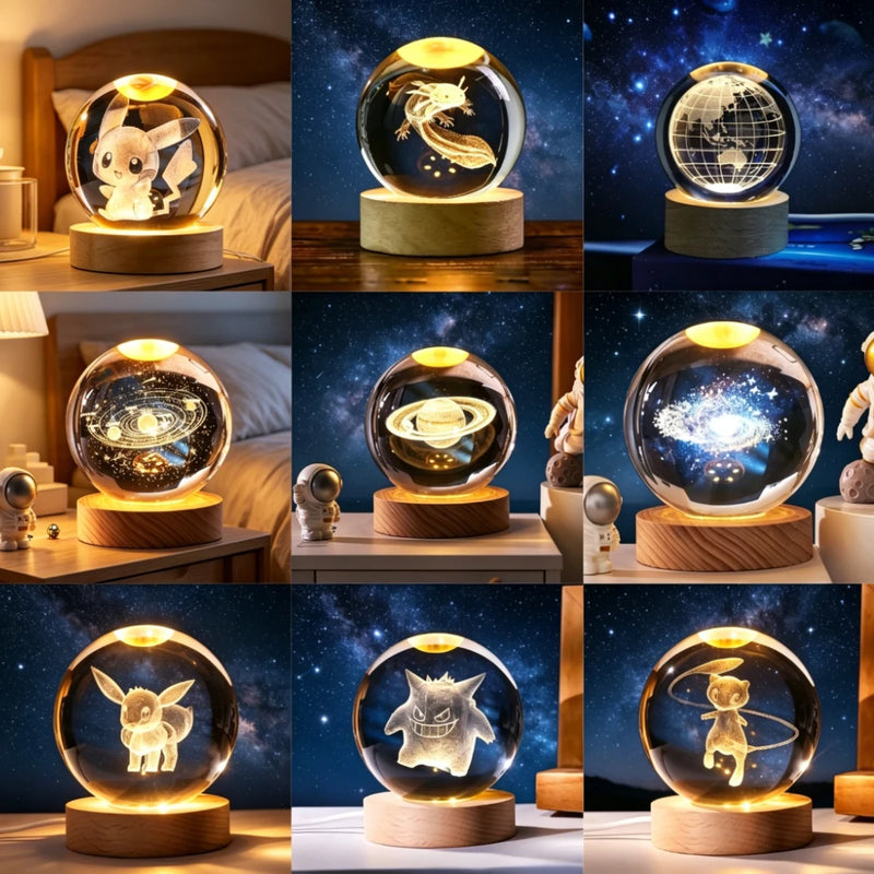 3D Crystal Ball LED Night Light – Laser Engraved Galaxy, Solar System & More | Wooden Base | Bedroom Decor