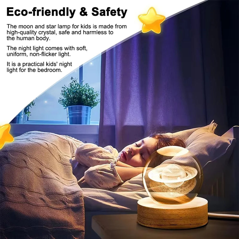 3D Crystal Ball LED Night Light – Laser Engraved Galaxy, Solar System & More | Wooden Base | Bedroom Decor