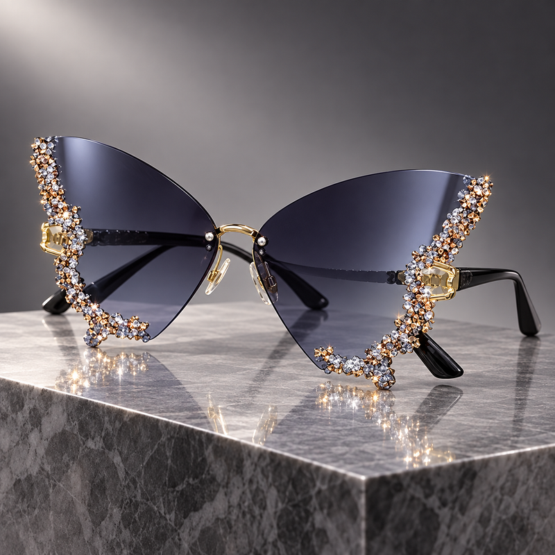 Crystal Butterfly Sunglasses - Gradient Blue-Grey