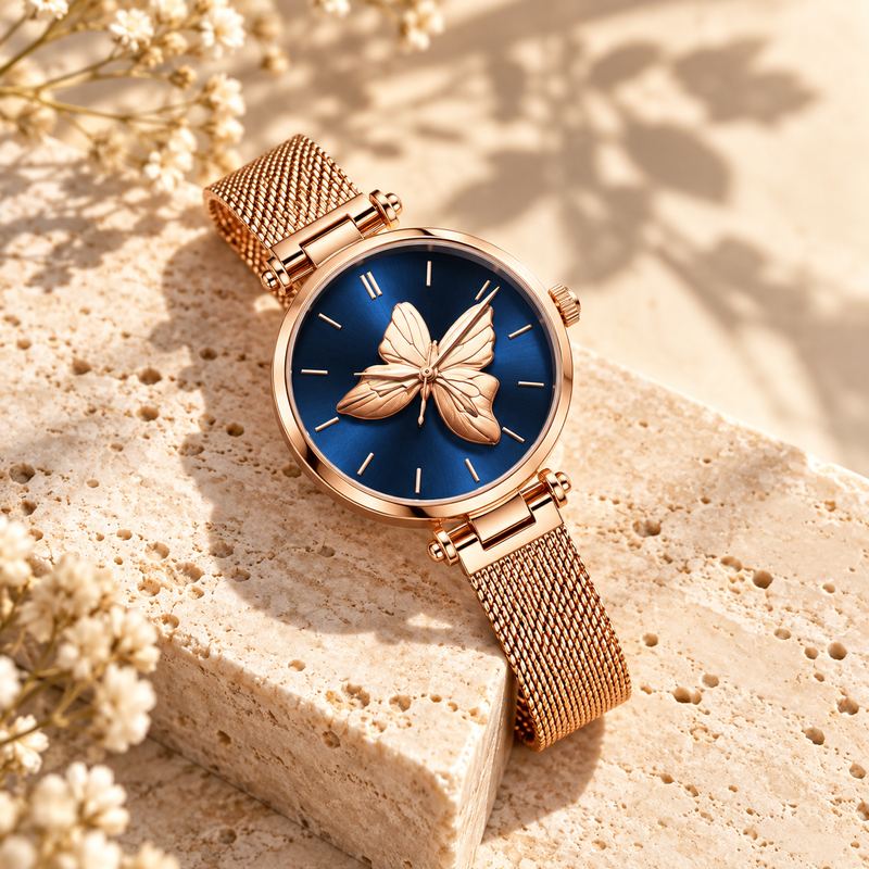 Butterfly Dial Women's Watch - Steel Bracelet Blue Dial