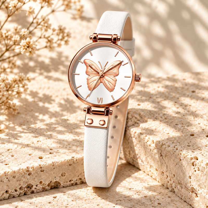 Butterfly Dial Women's Watch - White Strap White Dial