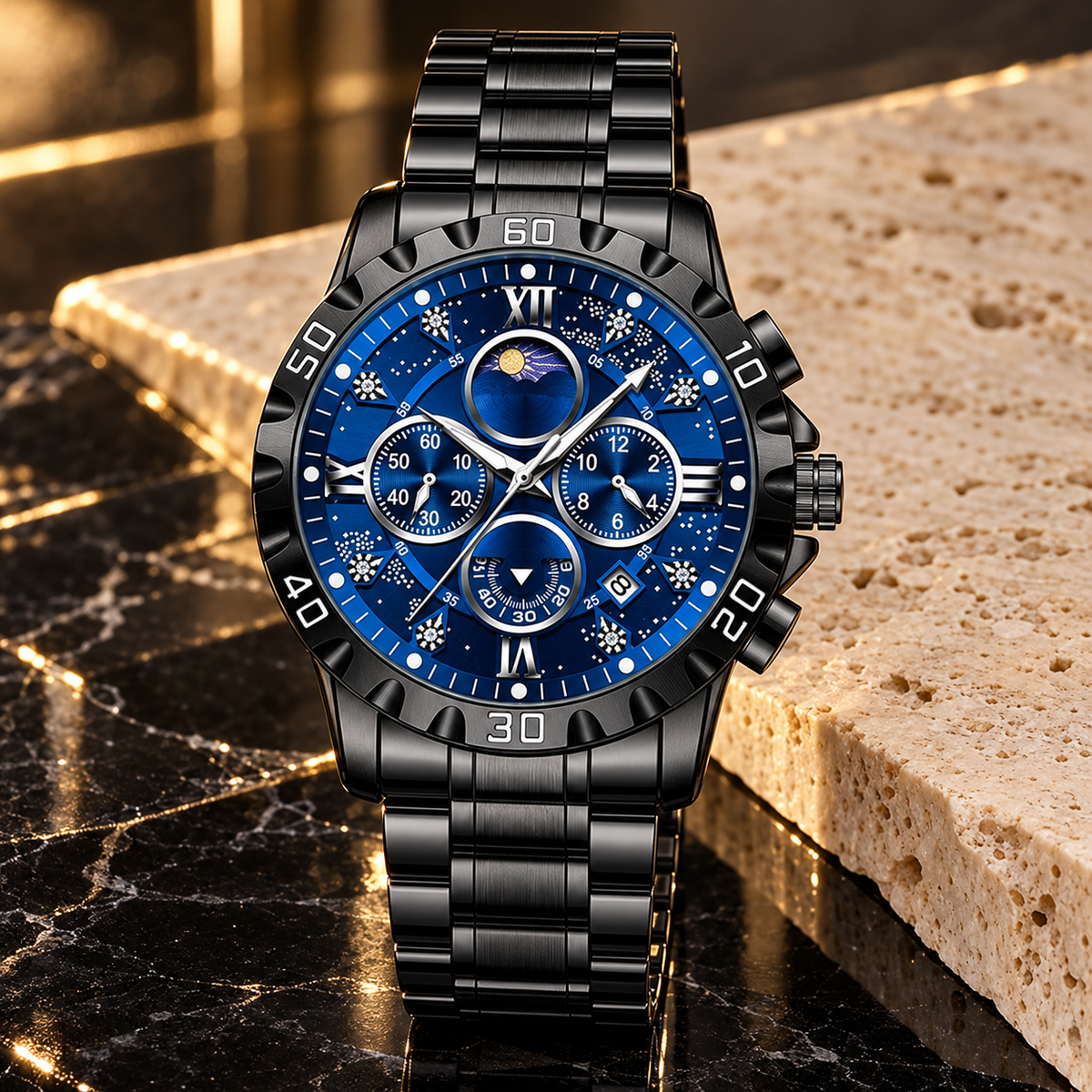 Classic Steel Bracelet Watch - Black Case Blue Dial