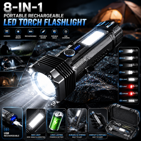 8-in-1 Portable Rechargeable LED Torch Flashlight