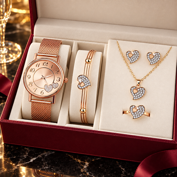Heart Five-Piece Watch and Jewellery Set - With Gift Box