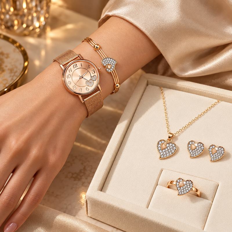 Heart Five-Piece Watch and Jewellery Set - Luxury Lifestyle