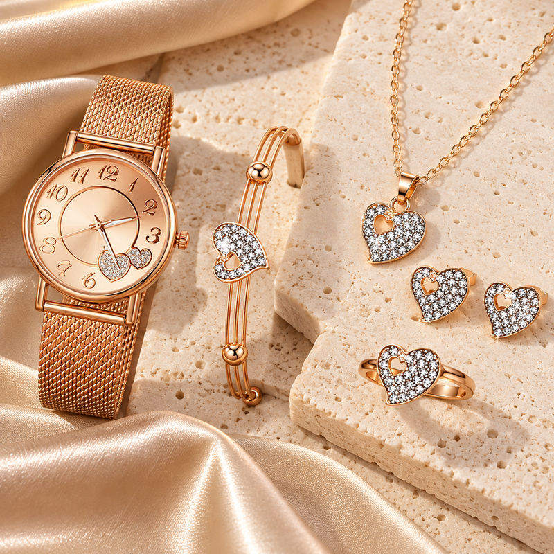 Heart Five-Piece Watch and Jewellery Set - Without Gift Box