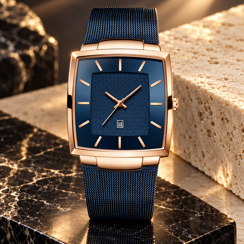 Mesh Strap Calendar Watch - Rose Gold Blue