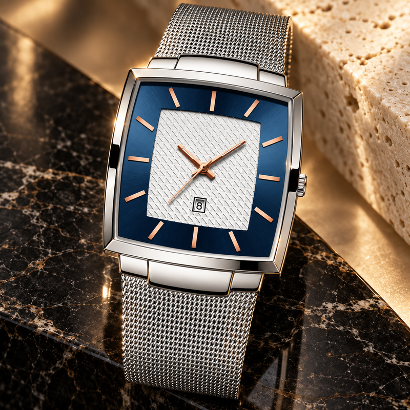 Mesh Strap Calendar Watch - Silver Blue