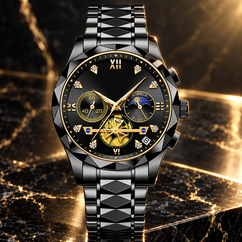 Multi-Dial Steel Watch - Black Black Dial Gold Markers