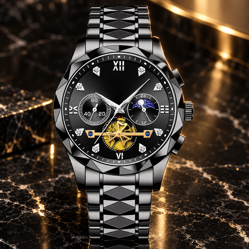 Multi-Dial Steel Watch - Black Black Dial Silver Markers