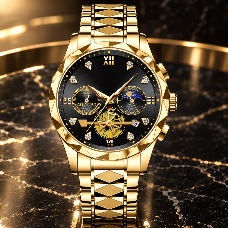 Multi-Dial Steel Watch - Full Gold Black Dial