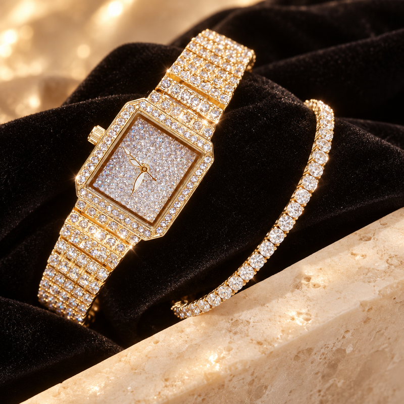 Pavé Crystal Rectangular Watch - Gold Watch and Bracelet