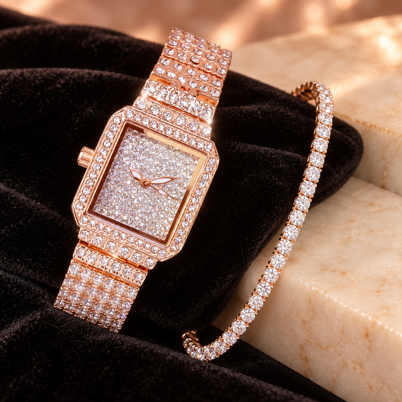 Pavé Crystal Rectangular Watch - Rose Gold Watch and Bracelet