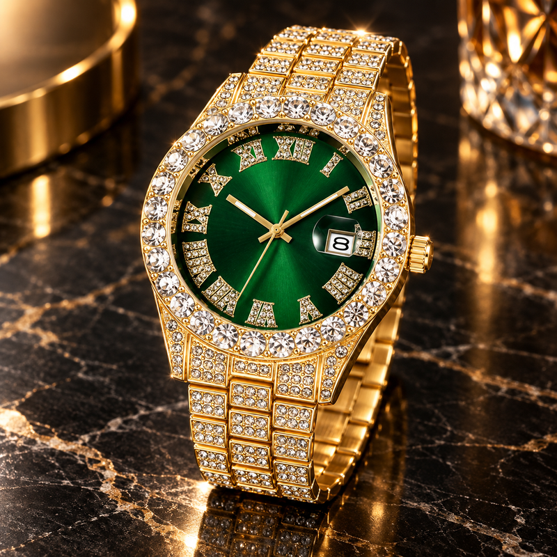 Men's Crystal Pavé Watch - Gold/Green