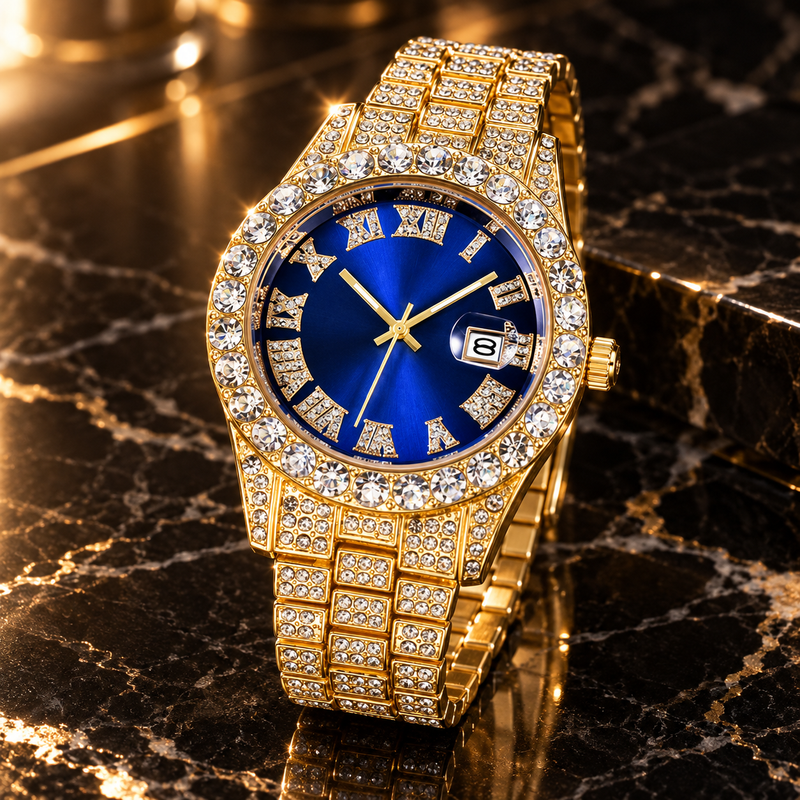 Men's Crystal Pavé Watch - Gold/Blue