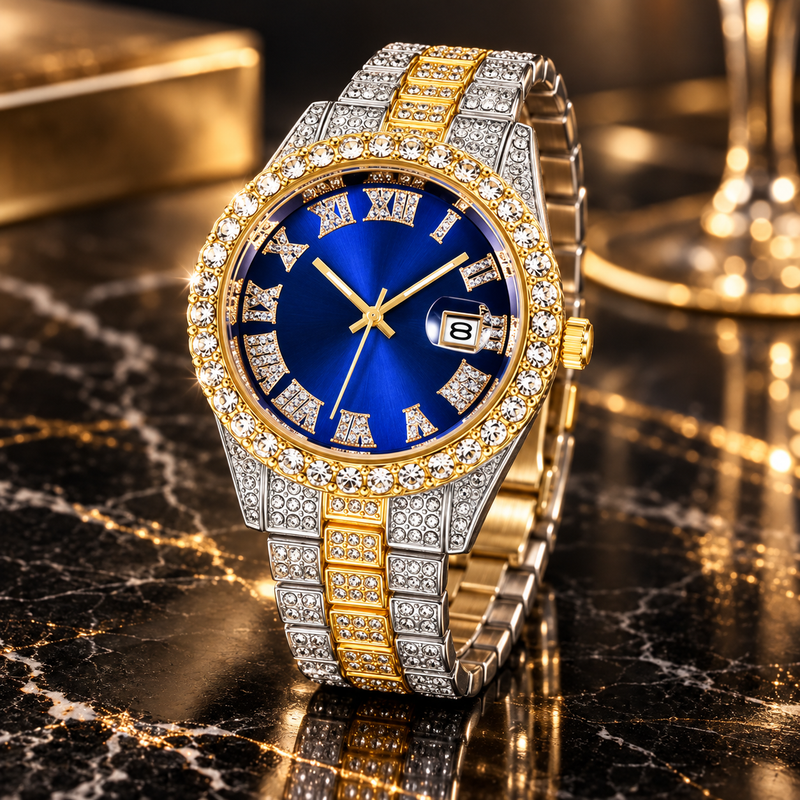 Men's Crystal Pavé Watch - Gold and Silver/Blue