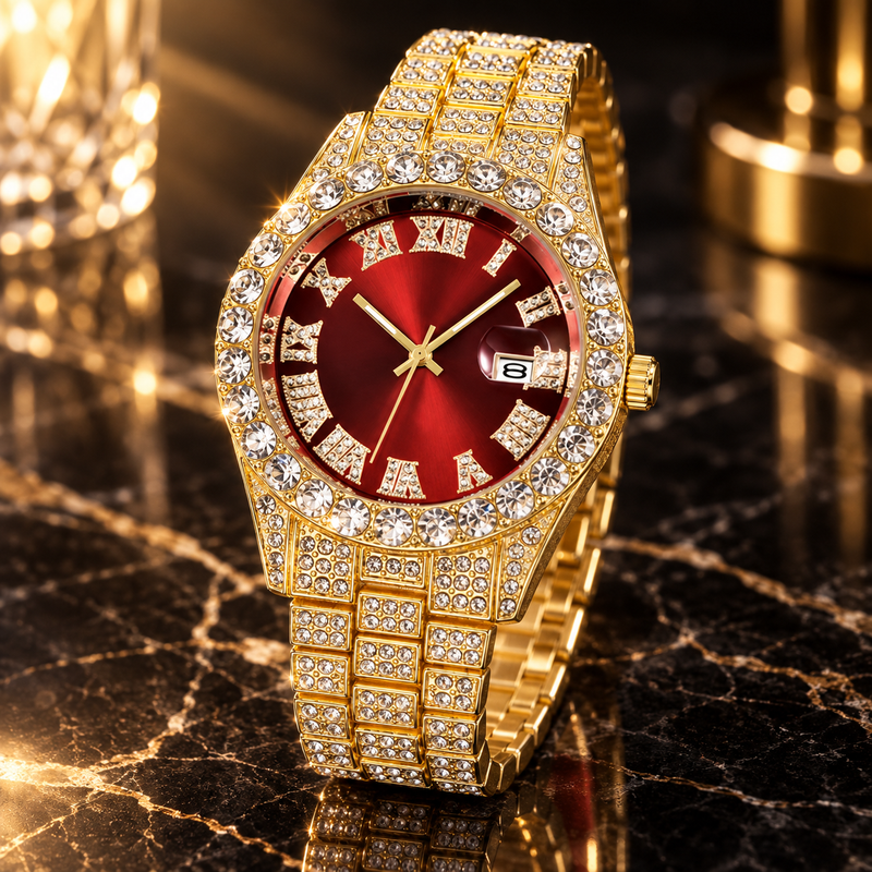 Men's Crystal Pavé Watch - Gold/Red