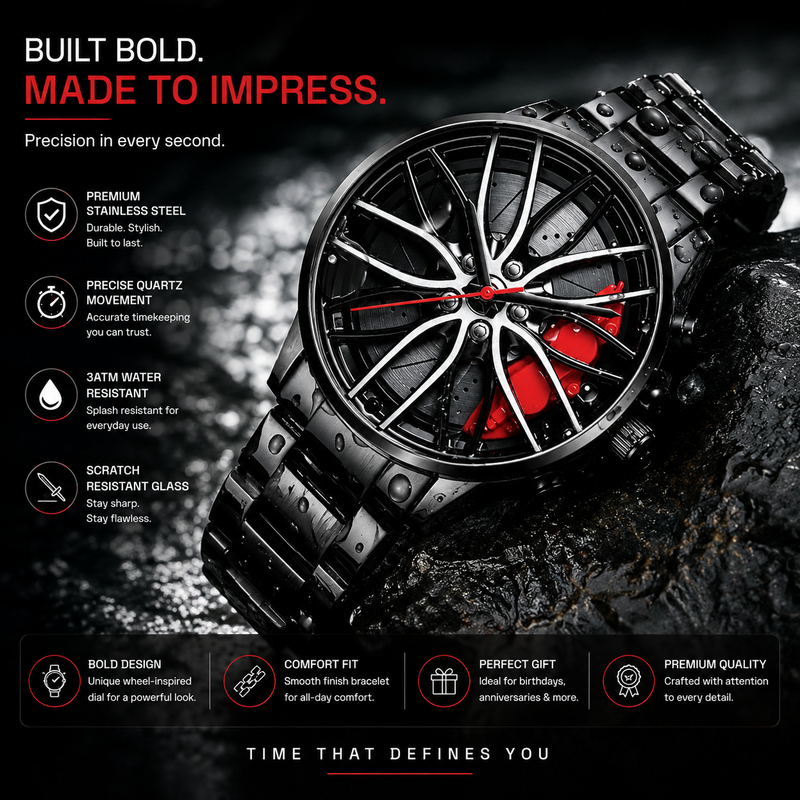 Stereoscopic Car Wheel Watch – Quartz Movement Alloy Steel Men's Watch