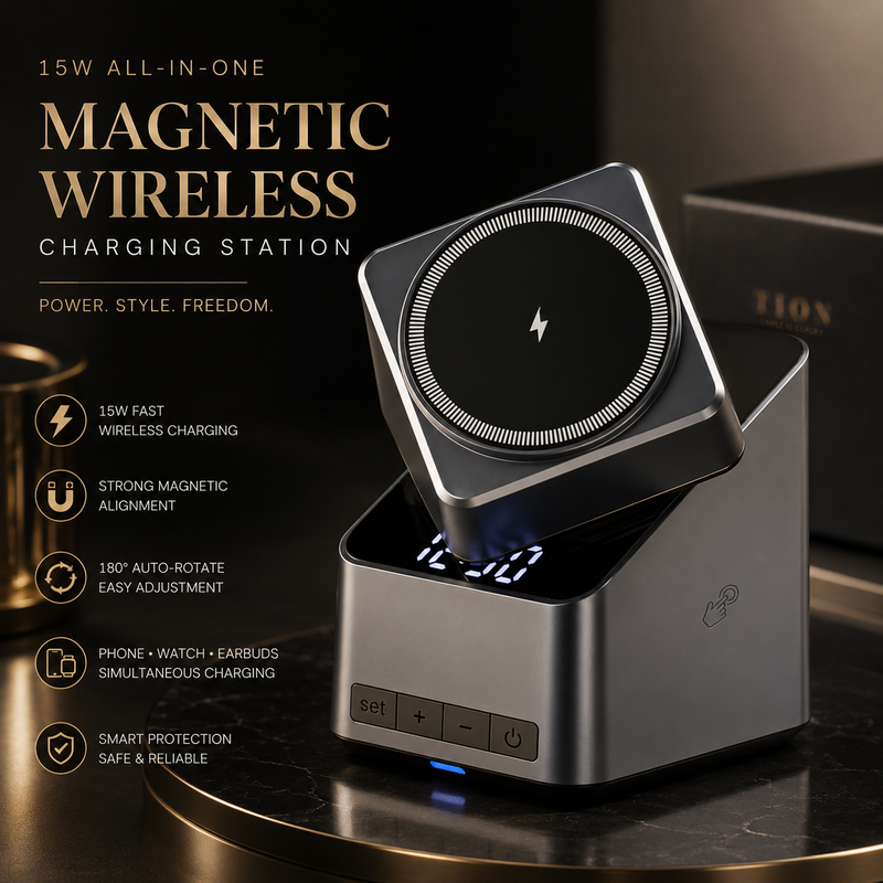 4-in-1 Magnetic Wireless Charger with Clock Display – 23W Fast Charging for Phone, Watch & Earbuds