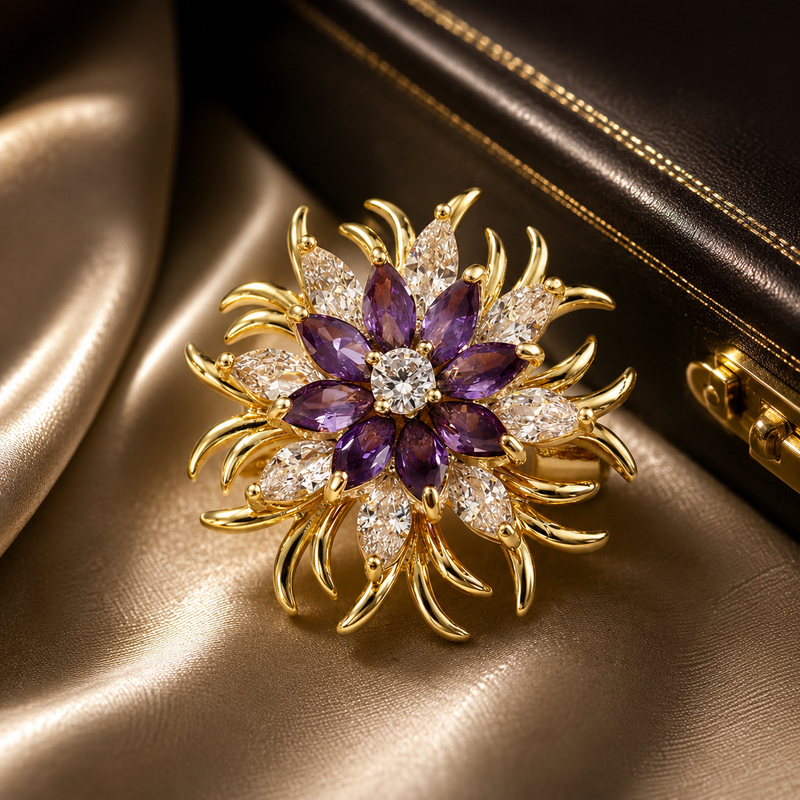 Luxury Crystal Snowflake Brooch for Women – Elegant Corsage Pin in Gold & Purple