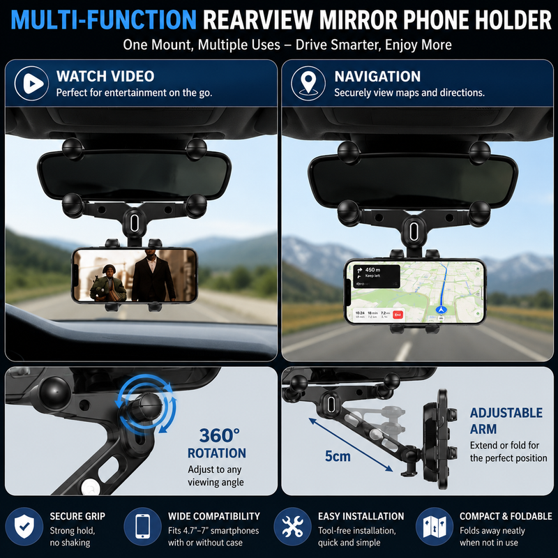 Phone Mount for Car – 2024 Upgraded Rear View Mirror Phone Holder (Universal, 360° Rotatable)