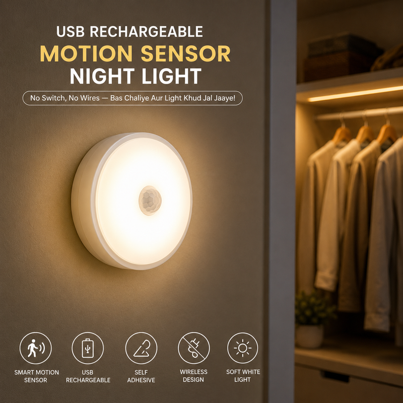 USB Rechargeable Motion Sensor Night Light - Pack of 2 | Wireless Wall Light for Home