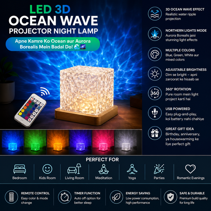 LED 3D Ocean Wave Projector Night Lamp | Water Ripple & Northern Lights Effect