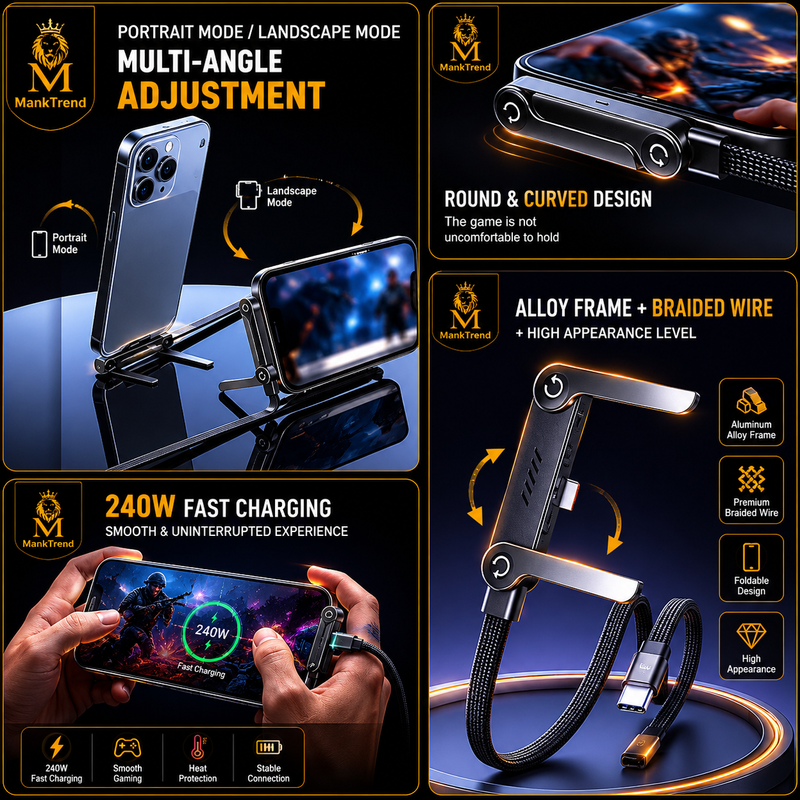 2-in-1 Charger Cable with Built-in Phone Stand – 240W Fast Charging, 360° Rotation
