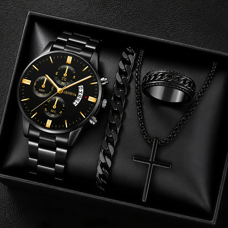 Luxury Men's Gold Watch Gift Set – 4-Piece Watch, Cross Necklace, Bracelet & Ring