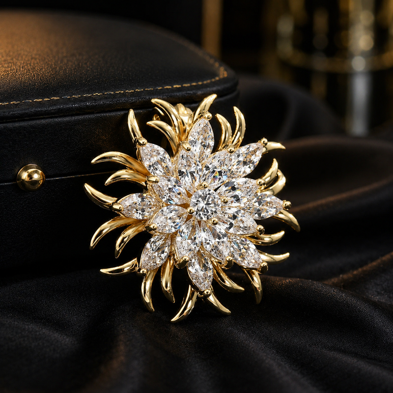 Luxury Crystal Snowflake Brooch for Women – Elegant Corsage Pin in Gold & Purple