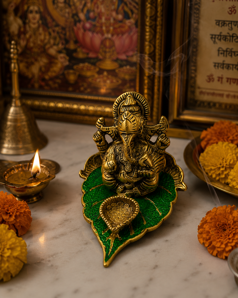 Lord Ganesha Diya Set – Brass & Green (Pack of 1)