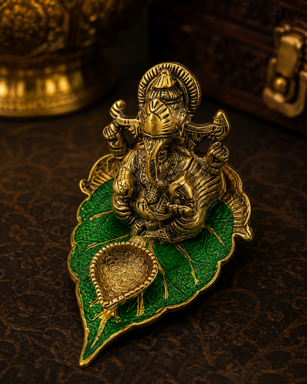 Lord Ganesha Diya Set – Brass & Green (Pack of 1)