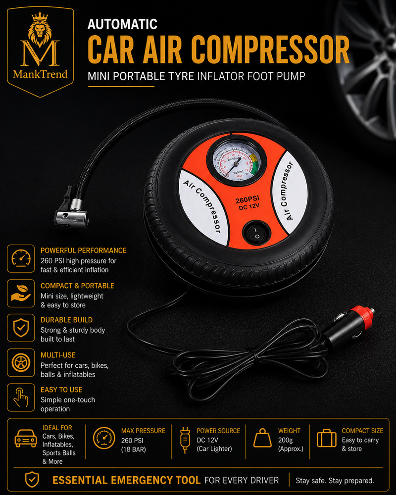 Automatic Car Air Compressor – Mini Portable Tyre Inflator Foot Pump (1 PC)