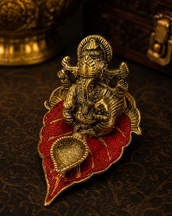 Lord Ganesha Diya Set – Brass & Red (Pack of 1)