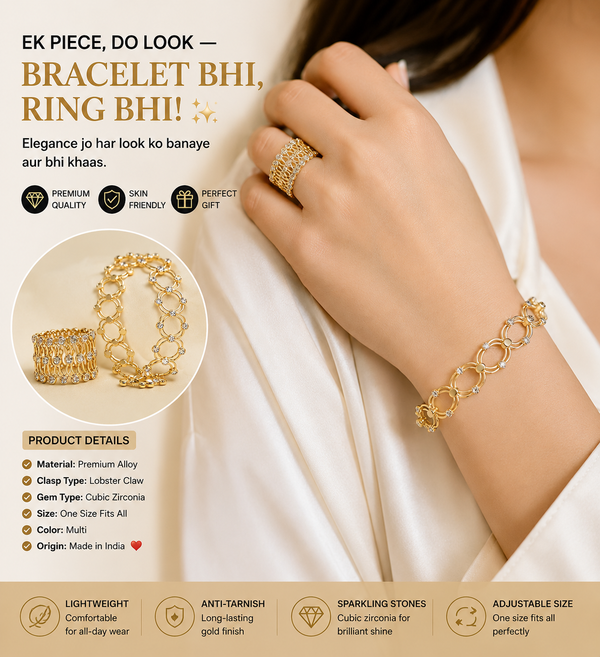 Bracelet Ring Jewellery Set for Women & Girls | Cubic Zirconia | One Size