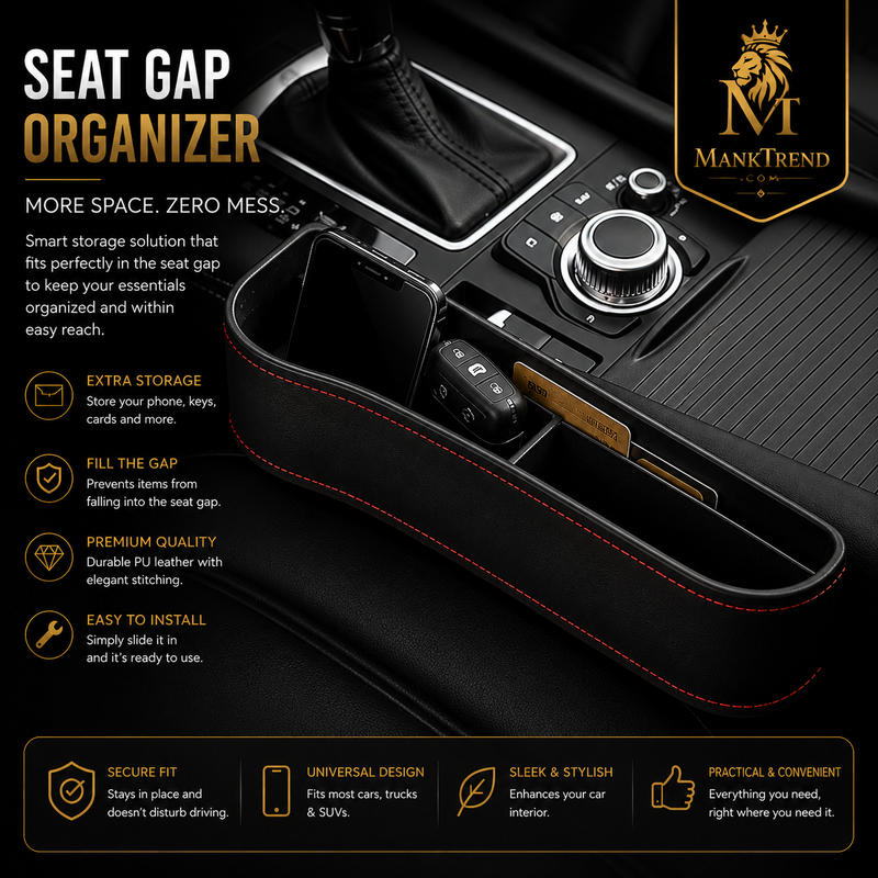 Leather Car Seat Gap Filler Organizer – Console Side Pocket with Bottle Holder (Pack of 1)