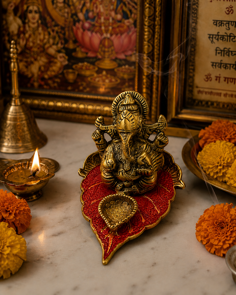 Lord Ganesha Diya Set – Brass & Red (Pack of 1)